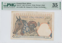 FRENCH WEST AFRICA: 25 Francs (24.2.1942) in multicolor. Young man wearing turban with horse at center left on face. S/N: "N.2952 786". WMK: Woman hea...