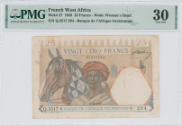 FRENCH WEST AFRICA: 25 Francs (1.10.1942) in multicolor. Young man wearing turban with horse at center left on face. S/N: "Q.3517 294". WMK: Woman hea...