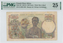 FRENCH WEST AFRICA: 100 Francs (22.12.1950) in multicolor. Woman with fruit bowlat center on face. S/N: "O.10232 888". WMK: Man head. Inside holder by...