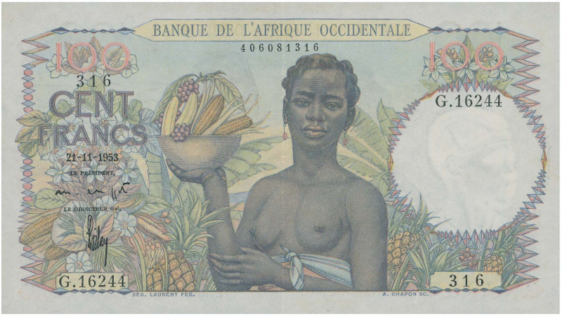 FRENCH WEST AFRICA: 100 Francs (21.11.1953) in multicolor. Woman with fruit bowl...