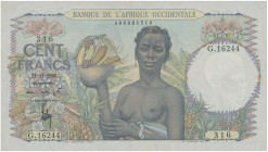 FRENCH WEST AFRICA: 100 Francs (21.11.1953) in multicolor. Woman with fruit bowl at center on face. S/N: "G.16244 316". WMK: Man head. Creases. (Pick ...