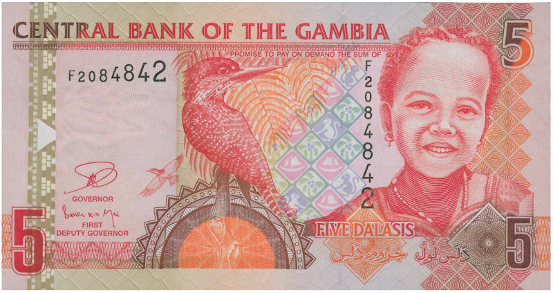 GAMBIA: 5 Dalasis (ND 1996) in multicolor. Giant Kingfisher at center, young gir...