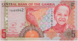GAMBIA: 5 Dalasis (ND 1996) in multicolor. Giant Kingfisher at center, young girl at right on face. S/N: "F2084842". WMK: Crocodile head. Printed by (...