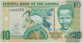 GAMBIA: 10 Dalasis (ND 2006) in multicolor. Sacred Ibis at center, young boy at right on face. S/N: "E9822324". (Pick 26b) & (Spink CBG B23c). Uncircu...