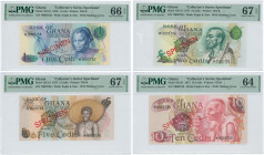 GHANA: Complete set of 4 collector species specimens composed of 1 Cedi (2.1.1976) & 2, 5 and 10 Cedis (2.1.1977). Diagonal red ovpt "SPECIMEN" at cen...