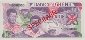 GHANA: Specimen of 10 Cedis (15.5.1984) in purple and multicolor. W. Larbi, F. Otoo, E. Nukpor at left, coat of arms at top center right on face. S/N:...