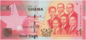 GHANA: 1 Cedi (6.3.2010) in red and rose on multicolor unpt. Kwame Nkrumah and five other leaders at right on face. S/N: "EH0745999". (Pick 37c) & (Sp...