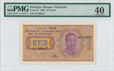 KATANGA: 10 Francs (15.12.1960) in lilac and yellow. Moise Tshombe at right on face. S/N: "GE 240647". Printed by (Roto-Sadag). Inside holder by PMG "...