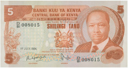 KENYA: 5 Shillings (1.7.1984) in orange-brown on multicolor unpt. Coat of arms at center, President Daniel Toroitich Arap Moi at right on face. S/N: "...