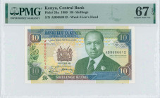 KENYA: 10 Shillings (14.10.1989) in dark green, dark blue and brown on multicolor unpt. President Daniel Toroitich Arap Moi at right center, coat of a...