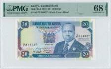 KENYA: 20 Shillings (1.7.1991) in dark blue and multicolor. President Daniel Toroitich Arap Moi at right center, coat of arms at left center on face. ...
