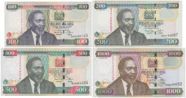 KENYA: Lot of 4 banknotes composed of 100 and 200 Shillings (17.6.2009) & 500 and 1000 Shillings (16.7.2010). President Jomo Kenyatta at left center o...