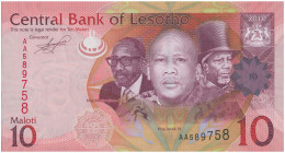 LESOTHO: 10 Maloti (2010) in red and lilac on multicolor unpt. Portraits of Kings Moshoeshoe II, Letsie III and Morena Moshoeshoe I on face. S/N: "AA5...