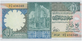 LIBYA: 1/4 Dinar (ND ca.1990) in green, blue and black on multicolor unpt. Ruins at center on face. S/N: "4 E/5 456340". WMK: Heraldic falcon. (Pick 5...