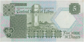LIBYA: 5 Dinars (ND ca. 1991) in brown and violet on multicolor unpt. Camel at center on face. S/N: "4 B/12 054639". WMK: Heraldic falcon. (Pick 55) &...