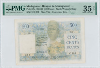 MADAGASCAR: 500 Francs (30.6.1950) in multicolor. Man with fruit at center on face. S/N: "C.188 281". WMK: Woman head. Signature title: LE CONTROLEUR ...