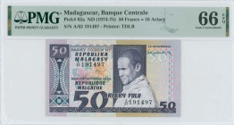 MADAGASCAR (MALAGASY REPUBLIC): 50 Francs (10 Ariary) (ND 1974-75) in purple on multicolor unpt. Young man at center-right on face. S/N: "A/63 191497"...