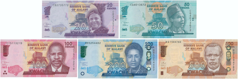 MALAWI: Lot of 5 banknotes composed of 20 Kwacha (1.1.2020), 50 Kwacha (1.1.2020...