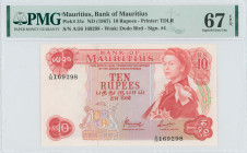 MAURITIUS: 10 Rupees (ND 1967) in red on multicolor unpt. Queen Elizabeth II at right on face. S/N: "A/56 169298". WMK: Dodo bird. Signatures by Bunwa...