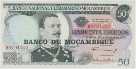 MOZAMBIQUE: 50 Escudos (27.10.1970) in black on multicolor unpt. J. de Azevedo Coutinho at left center, coat of arms at upper center right on face. S/...