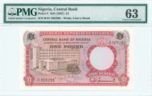 NIGERIA: 1 Pound (ND 1967) in red and dark brown. Bank building at left on face. S/N: "B/61 928299". WMK: Lion head. Inside holder by PMG "Choice Unci...