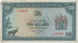 RHODESIA: 10 Dollars (15.9.1975) in black on blue-green and multicolor unpt. Bank logo at upper center, coat of arms at right, Sable antelope at lower...