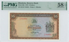RHODESIA: 5 Dollars (20.10.1978) in brown on multicolor unpt. Bank logo at upper center, giraffe at left & coat of arms at right on face. S/N: "M/18 7...