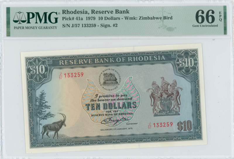 RHODESIA: 10 Dollars (2.1.1979) in black on blue-green and multicolor unpt. Bank...