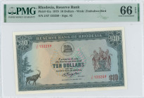 RHODESIA: 10 Dollars (2.1.1979) in black on blue-green and multicolor unpt. Bank logo at upper center, coat of arms at right and sable antelope at low...