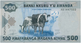 RWANDA: 500 Francs (1.1.2013) in blue-gray on multicolor unpt. Three cows on face. S/N: "AB1447022". WMK: Coat of arms. (Pick 38). Uncirculated.