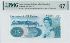 SAINT HELENA: 5 Pounds (ND 1981) in blue on light brown unpt. Views of the island at left and Queen Elizabeth II at right on face. S/N: "H/1 392716". ...