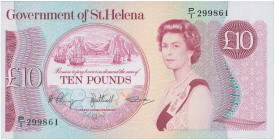 SAINT HELENA: 10 Pounds (ND 1985) in pale red on multicolor unpt. Views of the Island at left, Queen Elizabeth II at right on face. S/N: "P/1 299861"....