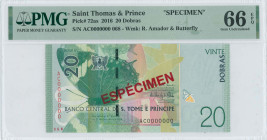 SAINT THOMAS & PRINCE: Specimen of 20 Dobras (2016) in green. Coat of arms at left and butterfly motifs on face. Red diagonal ovpt "ESPECIMEN" at cent...