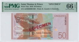 SAINT THOMAS & PRINCE: Specimen of 50 Dobras (2016) in brown. Coat of arms at left and butterfly motifs on face. Red diagonal ovpt "ESPECIMEN" at cent...