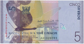 SAINT THOMAS & PRINCE: 5 Dobras (23.12.2020) in purple. Coat of arms at left and butterfly motifs on face. S/N: "AA1028283". (Pick 70). Uncirculated.