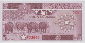 SOMALIA: 5 Shilin (1983) in brown-violet. Cape Buffalo herd at left center, coat of arms at top left center, star near lower center on face. S/N: "D00...
