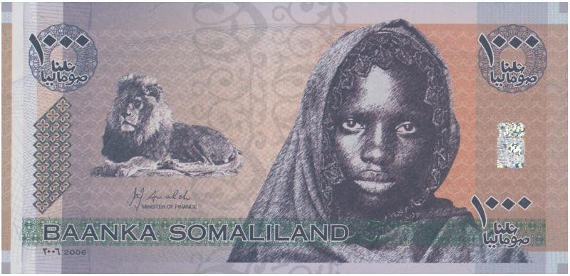 SOMALILAND: 1000 Shillings (2006) in purple on tan and purple unpt. Young girl a...