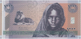 SOMALILAND: 1000 Shillings (2006) in purple on tan and purple unpt. Young girl at right, lion at left on face. S/N: "AA08832". (Pick CS1) & (Spink BOS...