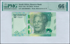 SOUTH AFRICA: 10 Rand (ND 2023) in green on multicolor. Nelson Mandela at right on face. S/N: "AB41800400A". WMK: Rhinoceros & value "10". Inside hold...