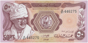SUDAN: 50 Piastres (1.1.1983) in purple on brown unpt. President J. Nimeiri wearing national headdress at left, coat of arms at center on face. S/N: "...