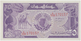 SUDAN: 25 Piastres (1.1.1987) in purple on multicolor unpt. Camels at left, outline map of Sudan at center on face. S/N: "A/24B 170157". WMK: Coat of ...