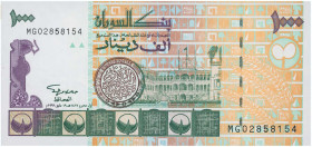 SUDAN: 1000 Dinars (AH1416 / 1996) on green, yellow-brown and purple. Seal at left center, building in background at center on face. S/N: "MG02858154"...