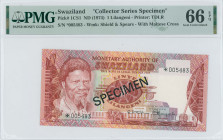 SWAZILAND: Collector series specimen of 1 Lilangeni (ND 1974) in red-brown on multicolor unpt. King Sobhuza II at left. Black diagonal ovpt "SPECIMEN"...