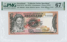 SWAZILAND: Collector series specimen of 2 Emalangeni (ND 1974) in dark brown on multicolor unpt. King Sobhuza II at left. Red diagonal ovpt "SPECIMEN"...