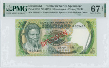 SWAZILAND: Collector series specimen of 5 Emalangeni (ND 1974) in dark green on multicolor unpt. King Sobhuza II at left. Red diagonal ovpt "SPECIMEN"...