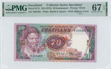 SWAZILAND: Collector series specimen of 20 Emalangeni (ND 1974) in purple and green on multicolor unpt. King Sobhuza II at left. Red diagonal ovpt "SP...
