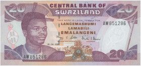 SWAZILAND: 20 Emalangeni (1.4.2006) in violet, brown and purple on multicolor unpt. Facing portrait of young King Mswati III at left, coat of arms low...