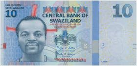 SWAZILAND: 10 Emalangeni (6.9.2010) in blue on multicolor unpt. King Mswati III at left on face. S/N: "AA5520835". WMK: Mswati and value "10". Printed...