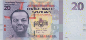 SWAZILAND: 20 Emalangeni (6.9.2010) in purple on multicolor unpt. King Mswati III at left on face. S/N: "AA0024964". WMK: Mswati and value "20". Print...