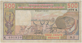 WEST AFRICAN STATES: 500 Francs (1979) in lilac, light olive-green and multicolor. Artwork at left, long horn animals at center, man wearing hat at ri...